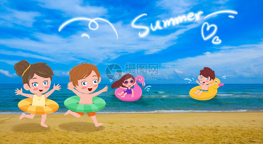 夏天海边开心游泳的孩子们