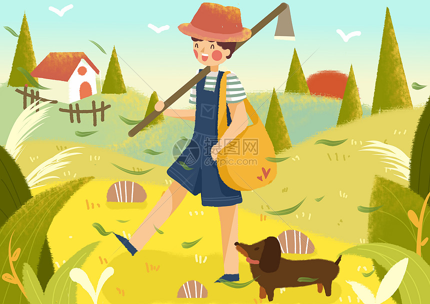 小暑农民田野狗狗小清新插画