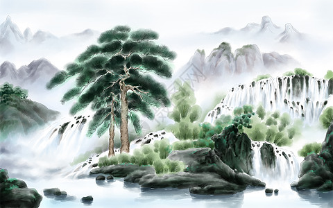 青松飞瀑中国风瀑布背景高清图片