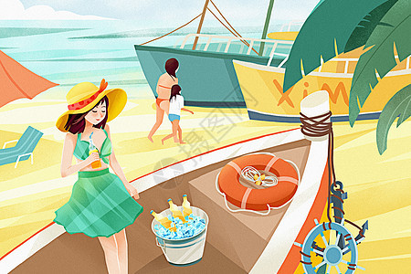 夏天海边沙滩度假女孩插画图片