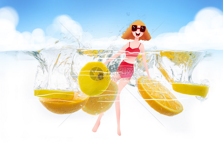柠檬橙子水果夏日清凉冷饮气泡图片