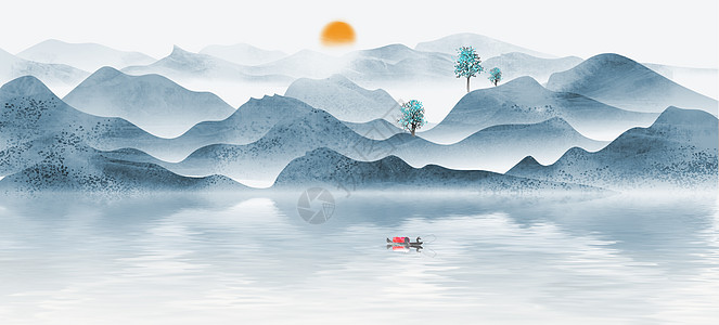 水彩风景画中国风山水画插画