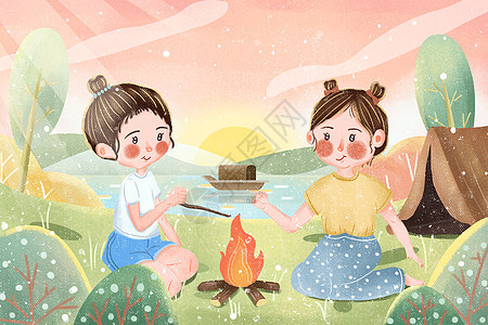 扁平卡通风格之暑假露营插画图片