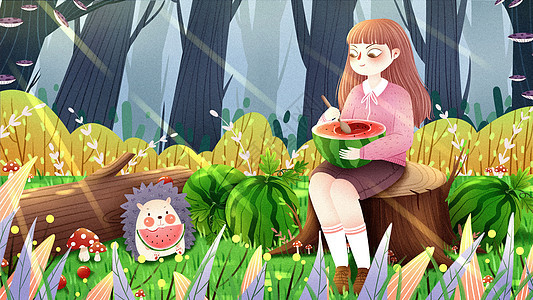 二十四节气小暑女孩吃西瓜插画图片