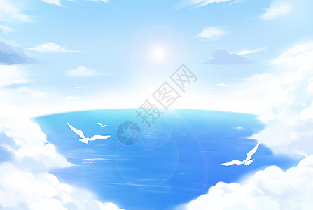 阳光 运动天空云与海与鸟插画