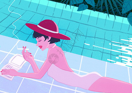 夏季泳池消暑插画图片