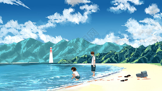 大海夏日海边玩水插画