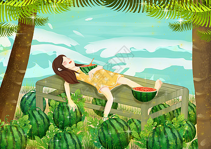 躺在竹床上吃西瓜的小女孩图片