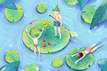 暑期夏日荷塘玩耍原创插画背景图片