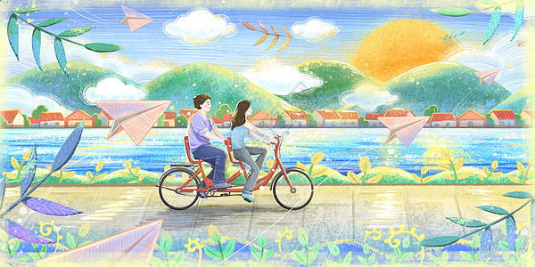 清晨骑双人自行车的情侣图片