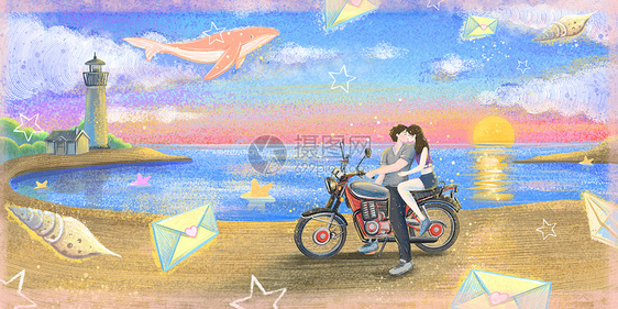 海边骑摩托车接吻的情侣图片