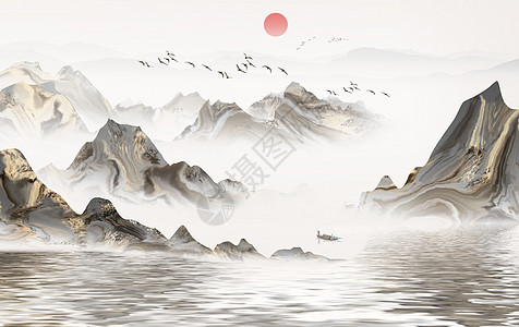 远山风景画中国风山水画插画