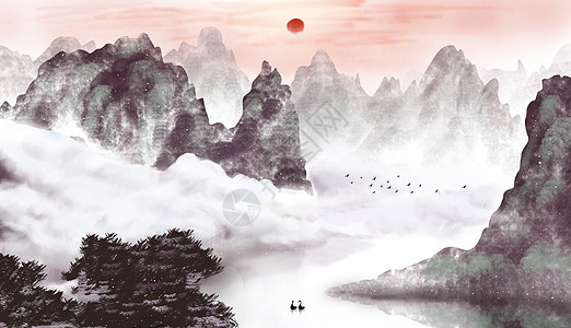中国风山水插画高清图片