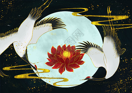 烫金中国风仙鹤与红莲背景图片