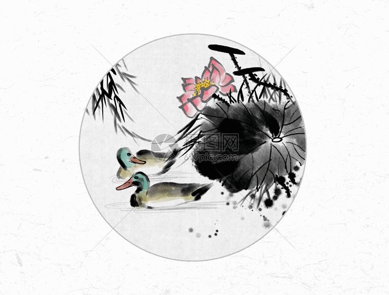 荷花和鸭子中国风水墨画gif图片
