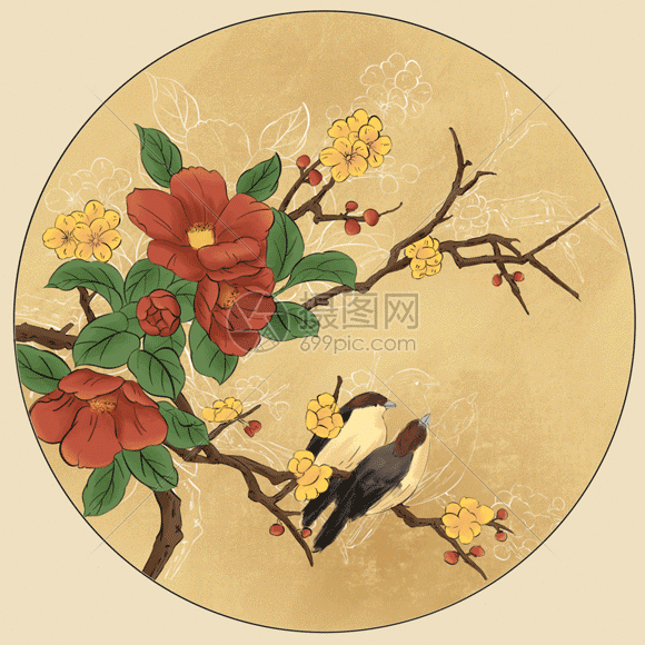 国风花鸟梅花麻雀插画gif