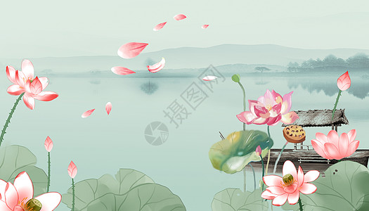 小暑水墨中国风荷花背景设计图片