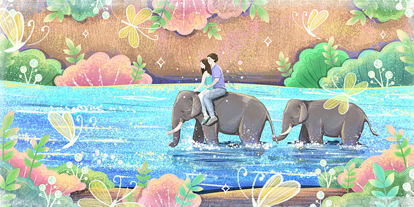 老年旅行泰国旅行骑大象的情侣插画