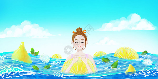 夏日柠檬池中游泳的女孩图片