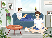 小清新之夏季情侣居家看书撸猫插画图片