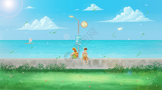 情人节夏日海边的情侣插画