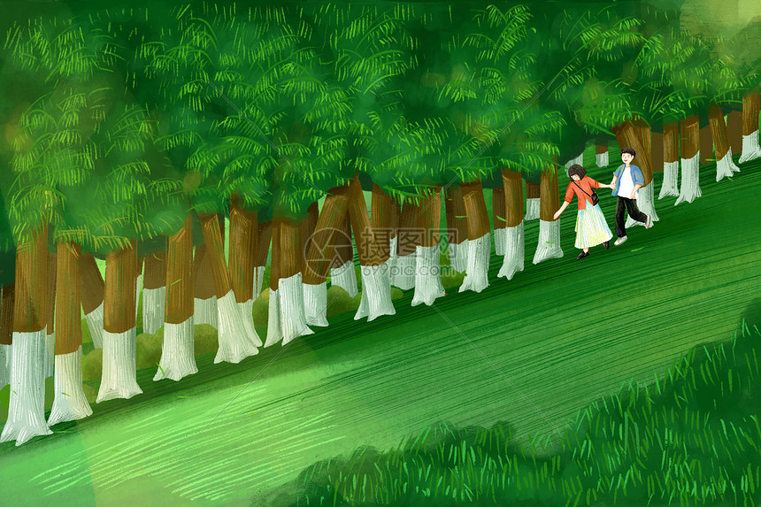 七夕在树林里散步的情侣图片