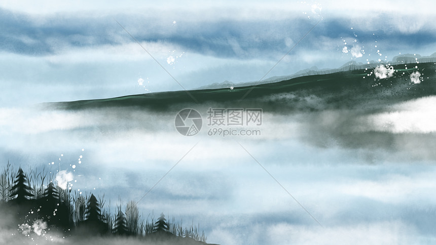 中国风水墨云雾环绕山川图片
