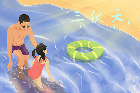 三伏天带着孩子在海边游泳玩水避暑背景图片
