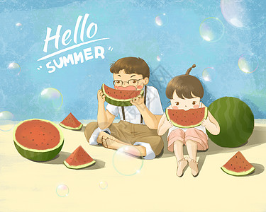 你好夏天吃水果的孩子背景图片