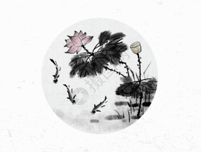 水仙属花荷花和鱼中国风水墨画gif高清图片