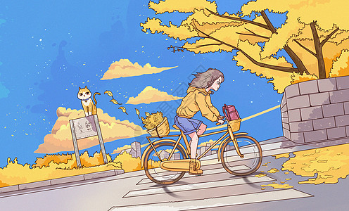 秋天骑单车的女孩背景图片