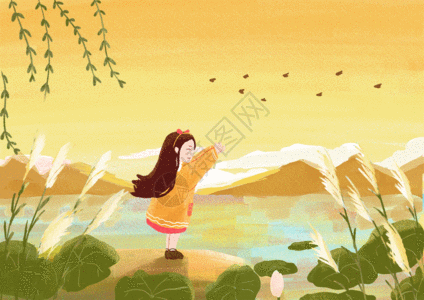 秋季小女孩生活场景gif图片素材