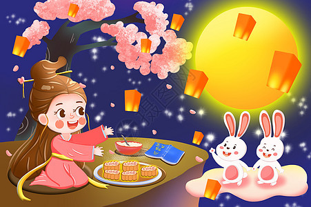 中秋节制作月饼的嫦娥仙子卡通高清图片素材