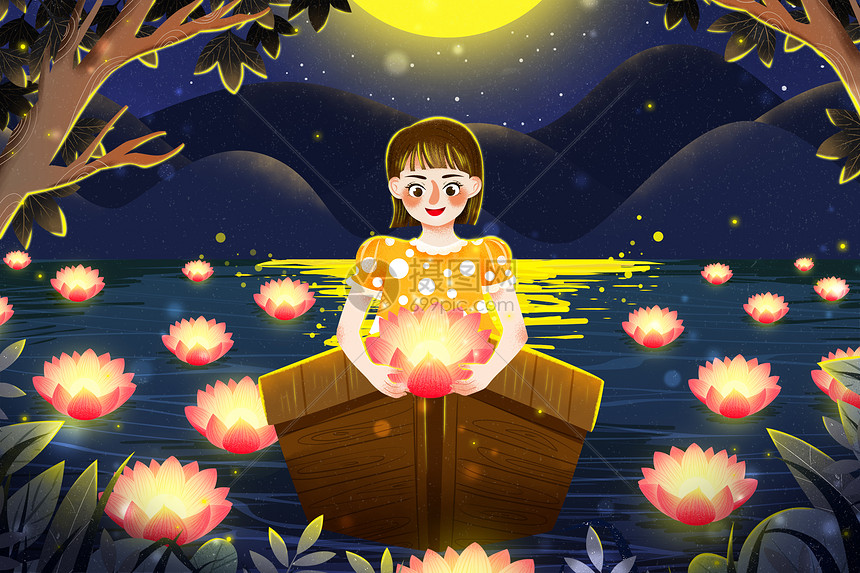七月半中元节女孩放河灯