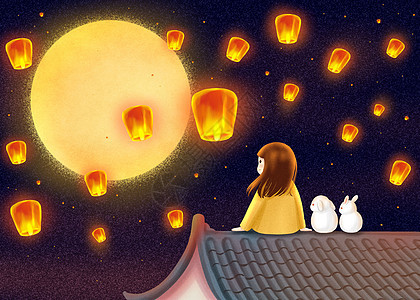 中秋节赏月放孔明灯玉兔高清图片素材