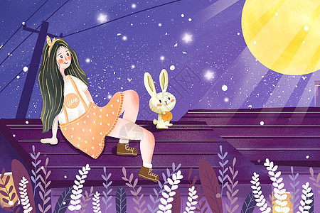 唯美治愈系中秋节女孩赏月插画兔子高清图片素材