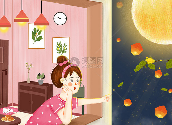 节日节气之中秋节赏月小女孩赏月插画图片