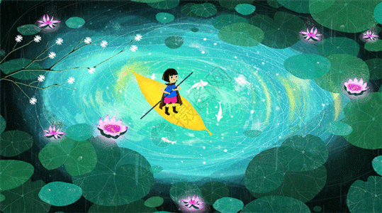 水中划船的小女孩插画gif动图图片