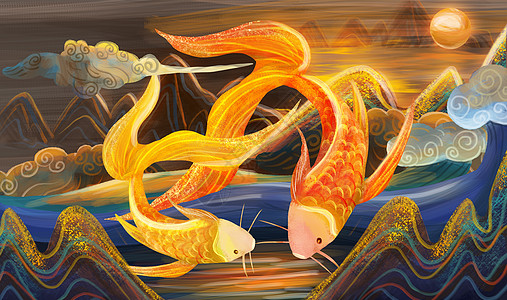 重彩金色锦鲤中国风高清图片