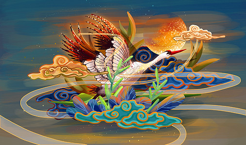 国潮重彩中国风仙鹤展翅背景图片