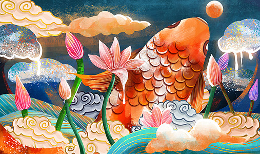 重彩鲤鱼与荷花中国风背景图片