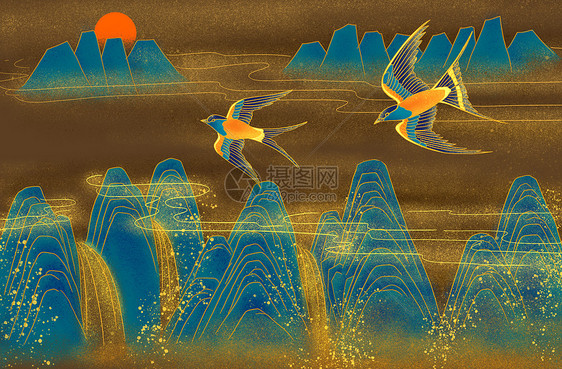烫金山水燕子图片