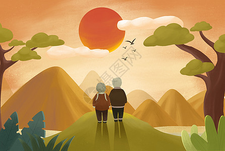 重阳节老人夫妇登山望远观山水噪点风格插画背景图片