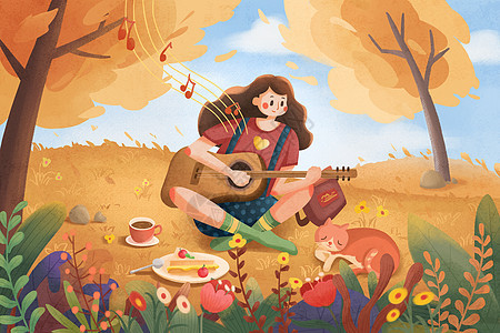 秋天树林里弹吉他的女孩背景图片