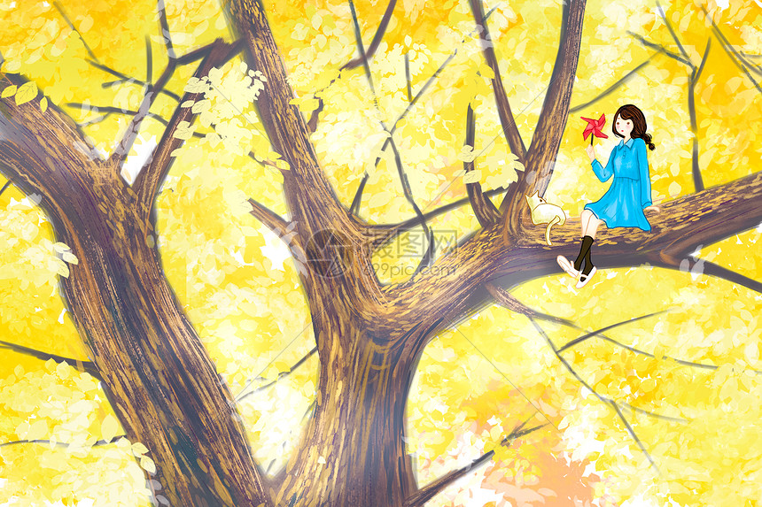 秋天坐在树上的女孩图片