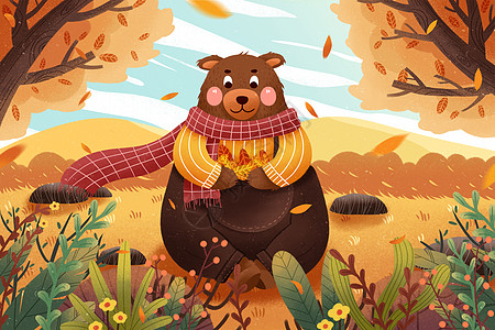 秋天森林里的棕熊卡通插画图片