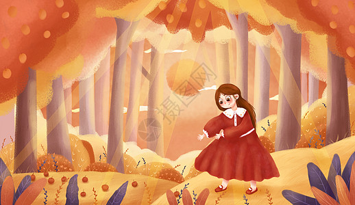 立秋秋天森林里穿公主裙的小女孩插画