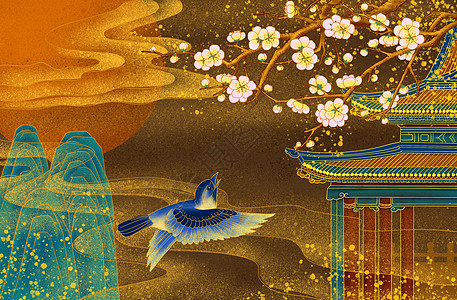 中式图案烫金桃花庭院插画