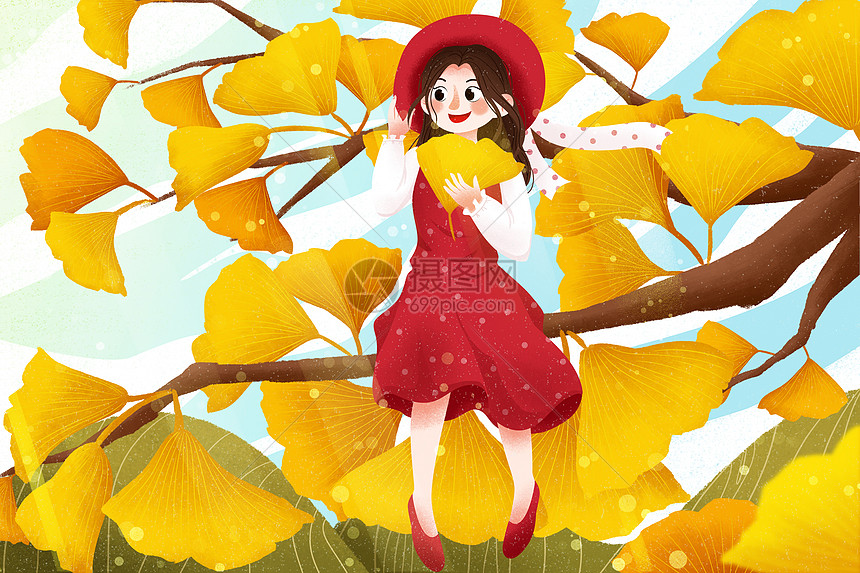 女孩坐在银杏树上唯美插画图片