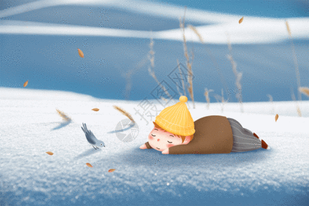 落叶地面雪地里睡觉的男孩高清图片